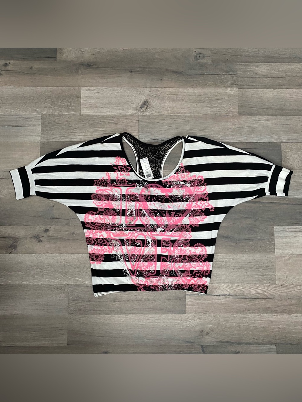 Vintage Y2K Juniors S Pink & Black Striped Lace Back Graphic Top